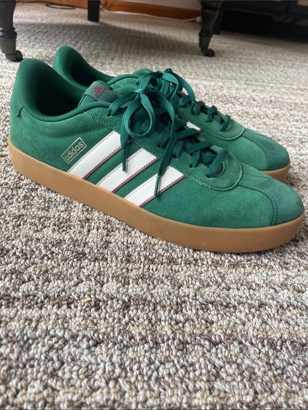 adidas Green Suede Sneakers with White Stripes and Gum Sole